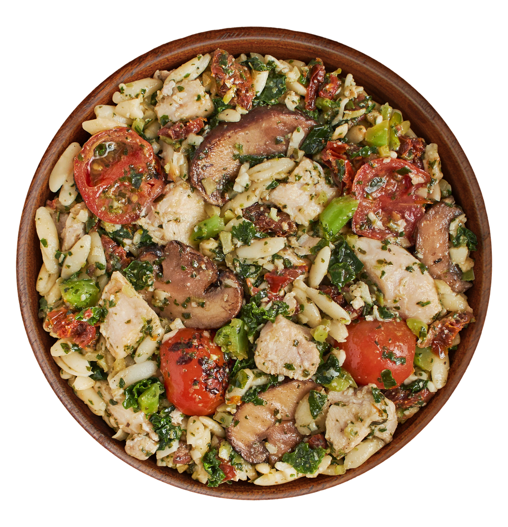 Tuscan Caprese Chicken & Orzo Bowl With A Fresh Basil Balsamic Pesto