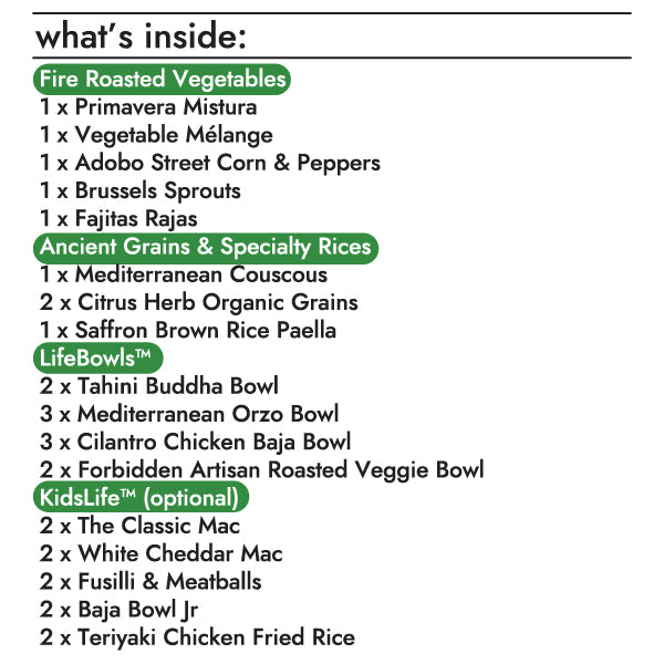the meal prep box contains the following items:  fire roasted vegetables  1 x 10oz fire roasted brussels sprouts 1 x 10oz fire roasted primavera mistura 1 x 10oz flame grilled adobo street corn & peppers 1 x 10oz fire roasted vegetable mélange 1 x 10oz flame grilled fajitas rajas lifebowls  3 x 8.5oz cilantro chicken baja lifebowl 3 x 8.5oz mediterranean orzo lifebowl 2 x 8.5oz forbidden artisan roasted veggie lifebowl 2 x 8.5oz tahini buddha lifebowl